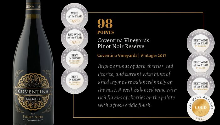 Coventina Vineyards Pinot Noir Reserve Wins Best Wine By Quality at 2022 USA Wine Ratings