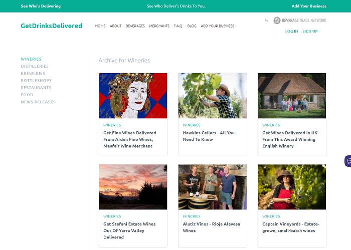 Wineries listed on an Ecommerce platform - Get Drinks Delivered