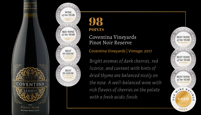 2017 Coventina Vineyards Pinot Noir Reserve wins the wine of the year.